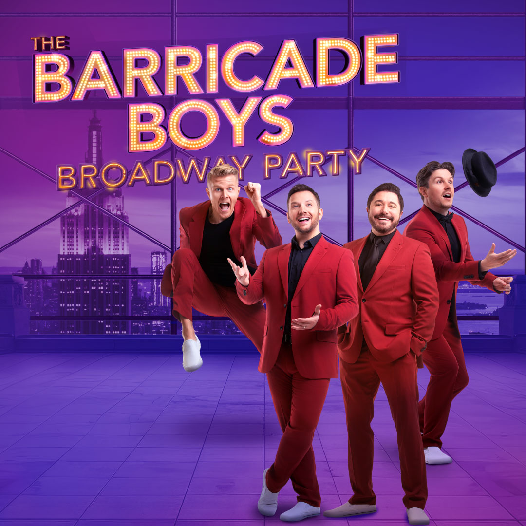 four members of the barricade boys wear red suits and pose in front of a neon sign that says barricade boys, broadway party