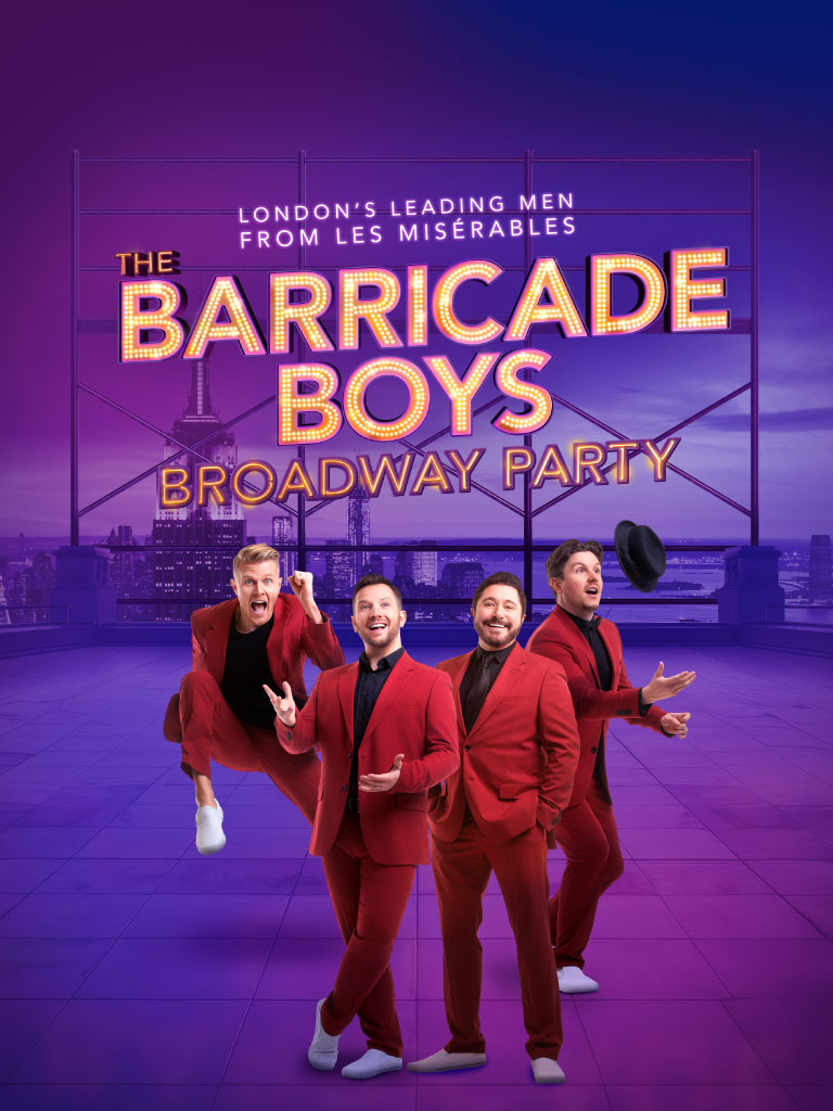 four members of the barricade boys wear red suits and pose in front of a neon sign that says barricade boys, broadway party