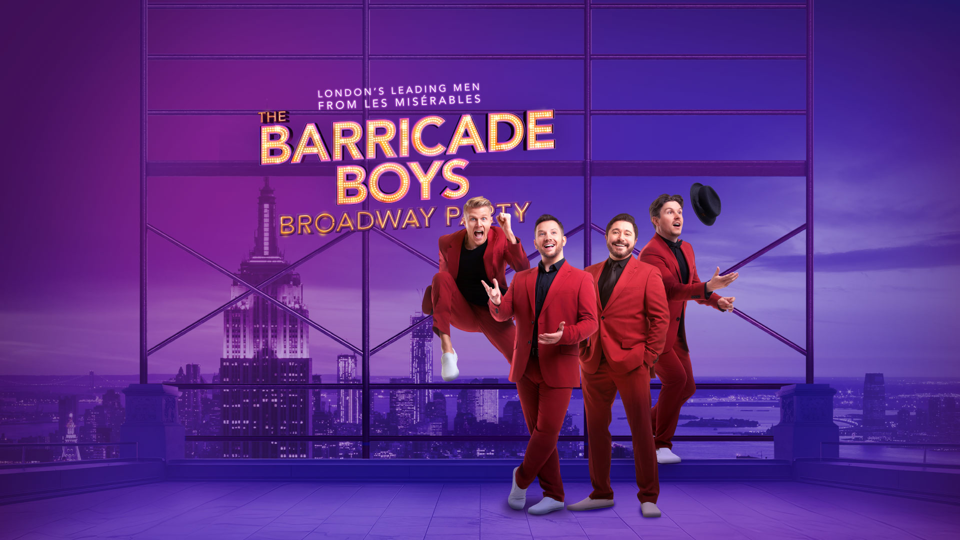 four members of the barricade boys wear red suits and pose in front of a neon sign that says barricade boys, broadway party