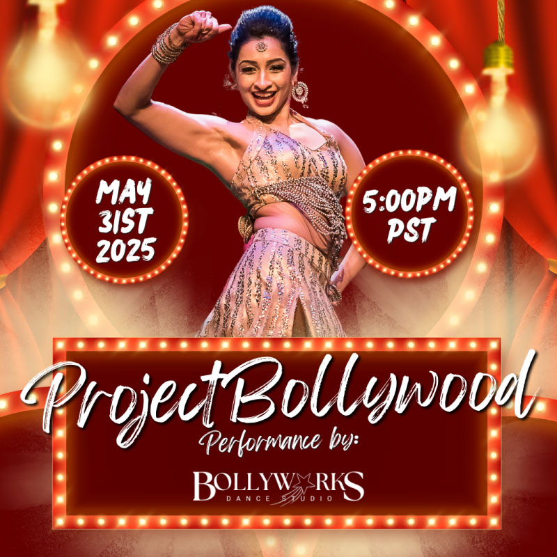 poster for project bollywood with a bollywood dancer posing against a red background
