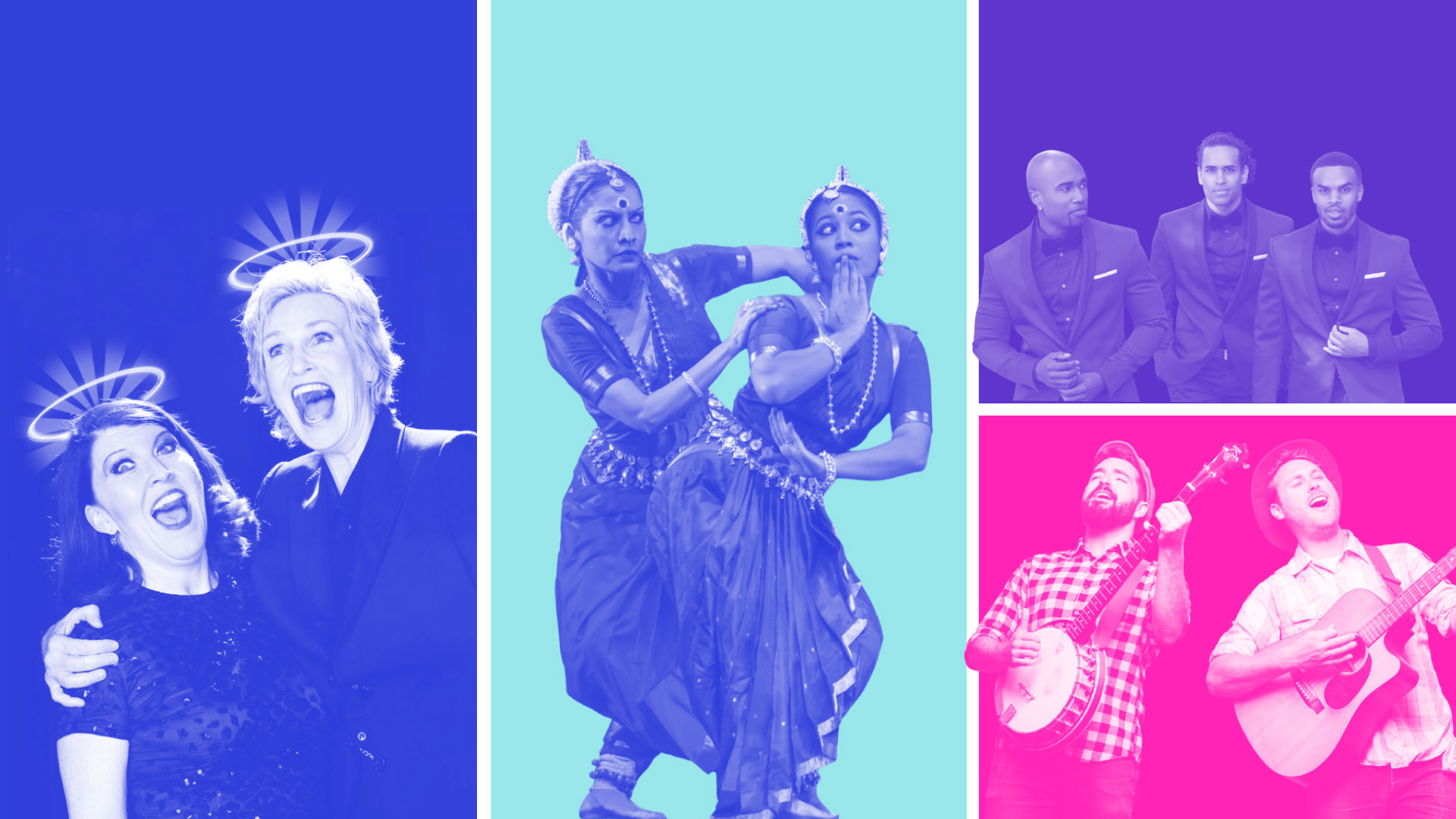 a grid showing highlights from eca's 25/26 season - including bharatnatyam dancers, jane lynch and kate flannery, the okeedokee brothers, and uptown