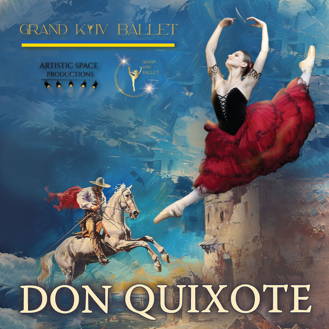 poster for the ballet don quixote with a ballerina dressed in a red dress mid leap