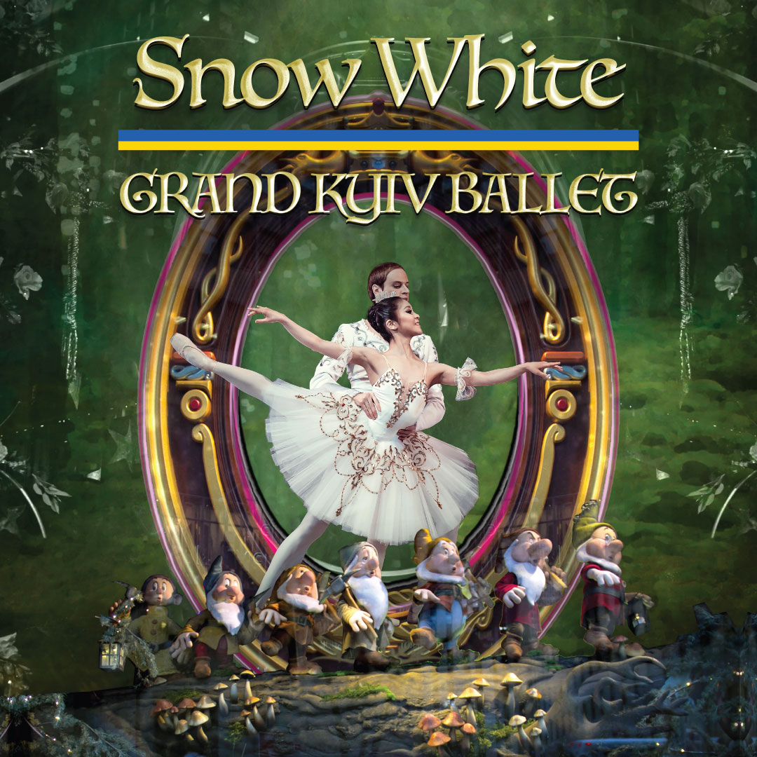 event image for snow white ballet with two ballet dancers posing with the seven dwarves and the forest behind them