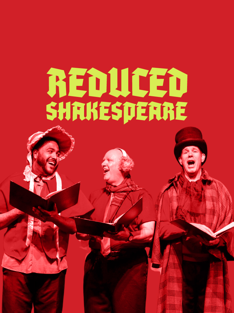 men from the reduced shakespeare troupe stand dressed as comic christmas carolers on a red background